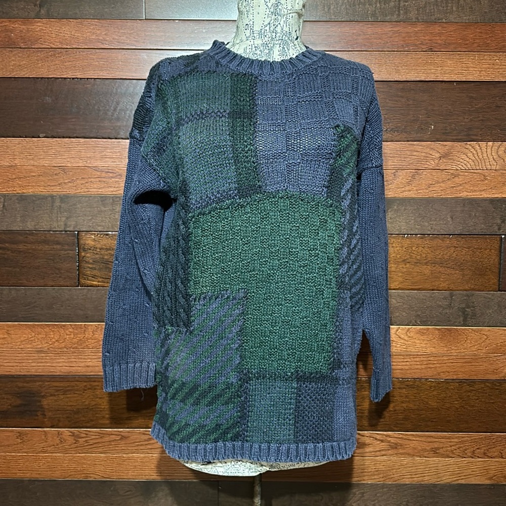Vintage Melbourne Country Crew Neck Long Sleeve Navy and Green Patchwork Sweater